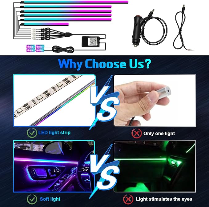 Dreamcolor Acrylic Interior Car Light 10 in 1 Automotive Ambient Light Kits with APP Control 16 Million Color 175 inches Fiber Optic Car LED Strip Light, RGB Music Sync Neon Car Lighting