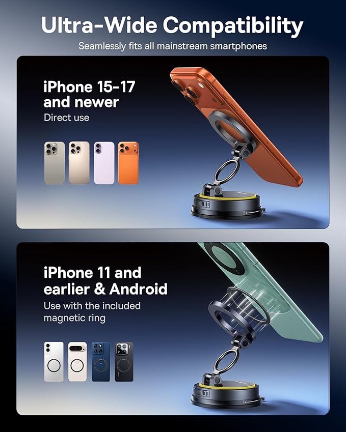 Baseus for Magsafe Car Mount, Vacuum 119LBS Magnetic Suction Cup Phone Holder for Car, 720° Adjustable Foldable Cell Phone Holder with Reusable Washable Gel for Car & for iPhone 17 16 15 14 13 Pro Max