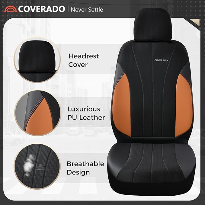 Coverado Seat Covers for Car, Leather Automotive Car Seat Covers 5 Seats, Mesh Breathable Auto Seat Protectors, Brown Seat Covers Universal Fit for SUV, Truck, Vans, Sedan