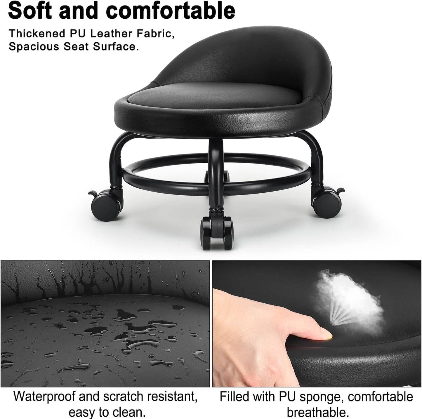 Rolling Stool with Backrest Low Height Rolling Stools, Low Roller Stool Chair, Roller Seats for Home, Office, Garage, Shop, Library