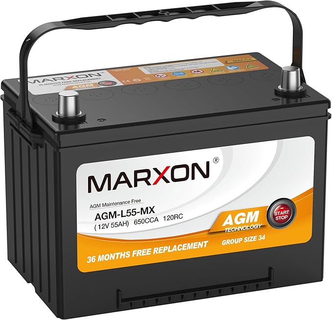 MARXON Group 34 Start and Stop Car Battery 12v 55AH 650CCA AGM BCI34 Maintenance Free Automotive Replacement Batteries