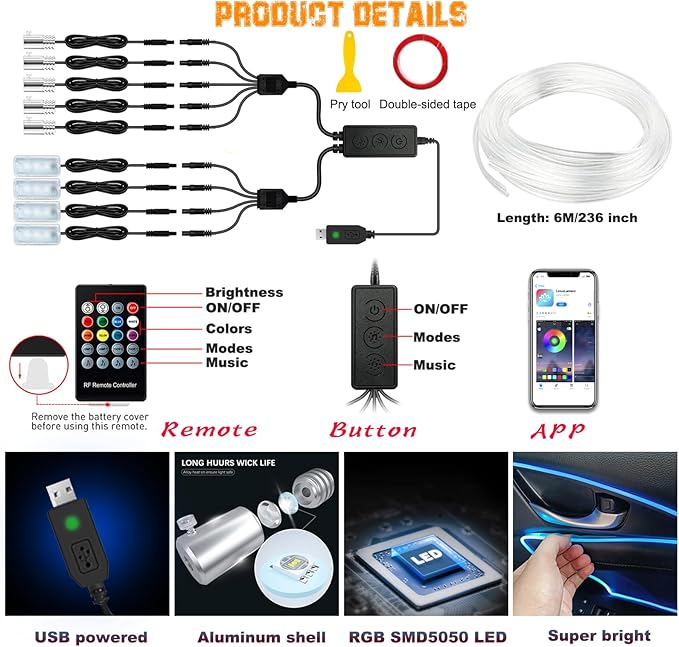 Car LED Lights, Interior Car Lights with Wireless APP/RF Remote/Button Control, Car Ambient Lighting Kit with 236" Integrated Molding Fiber Optic RGB Sync to Music (9 in 1-USB)