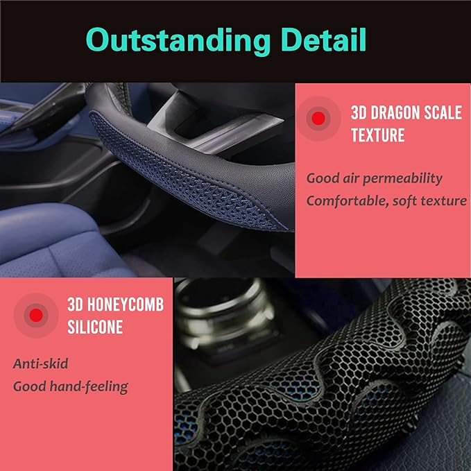 PINCTROT D Shaped 14.5-15 Inch Steering Wheel Cover Great Grip with 3D Honeycomb Anti-Slip Design, Flat Bottom 14.5-15 Inch (Blue)