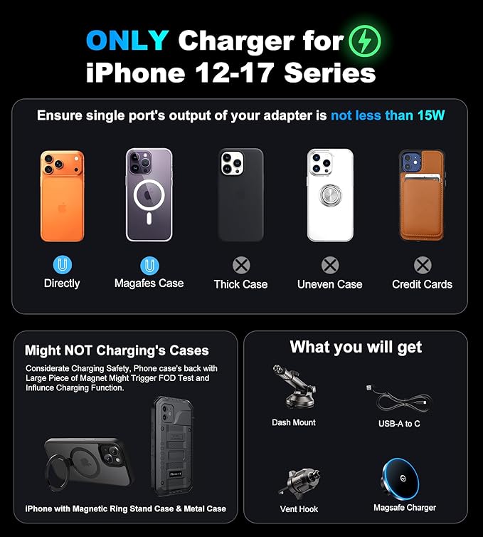 for MagSafe Car Mount Charger Dash/Windshield/Vent Wireless Car Charger with [LED Light], Strong Magnetic Phone Holder for Car for iPhone 17 16 15 14 13 12 Series, Fit MagSafe Accessories