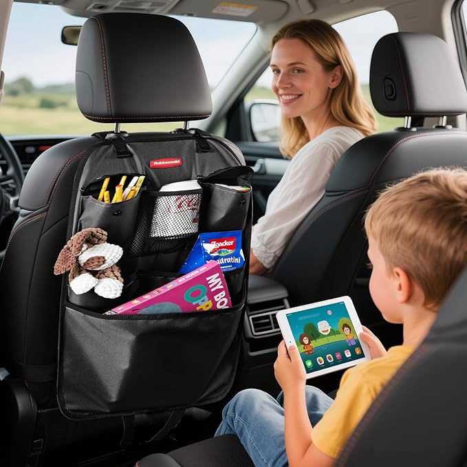Rubbermaid Backseat Car Organizer, Kick Mats and Seat Back Protector, Car Organizer for Kids with 6 Storage Pockets, Travel Essentials for SUV, Truck, Car - 2 packs Black