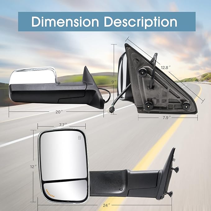 BOOLEE Towing Mirrors Power Heated Compatible with 2009-2018 Dodge Ram 1500,2019-2023 Dodge Ram 1500 Classic Arrow Lamp Puddle Light Temp Sensor Pickup Truck Tow Mirrors Chrome