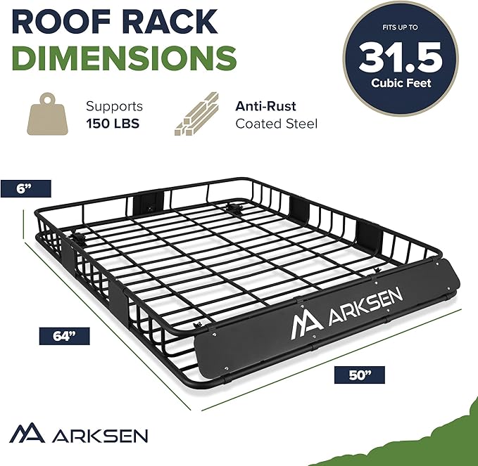 ARKSEN 64 x 50 x 6 Inch Universal Extra Wide 150LB Heavy Duty Roof Rack Cargo with Two Cargo Nets, Car Top Luggage Holder Carrier Basket for SUV, Truck, & Car Steel Construction