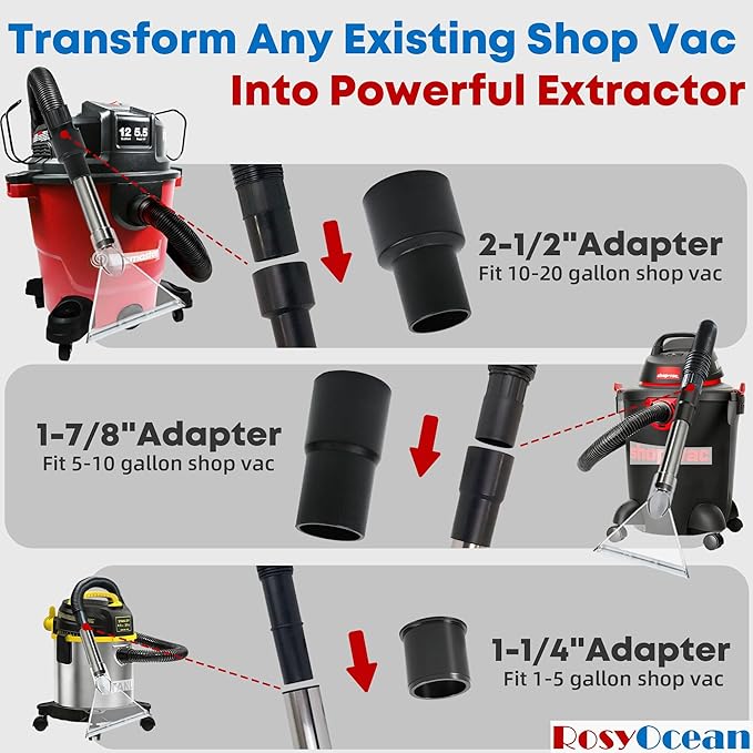 Universal Compatible with All Shop Vacs Extractor Attachment with 2-1/2" & 1-7/8" & 1-1/4" Three Adapters Vacuum Head Extraction Accessory for Upholstery & Carpet Cleaning & Auto Detailing