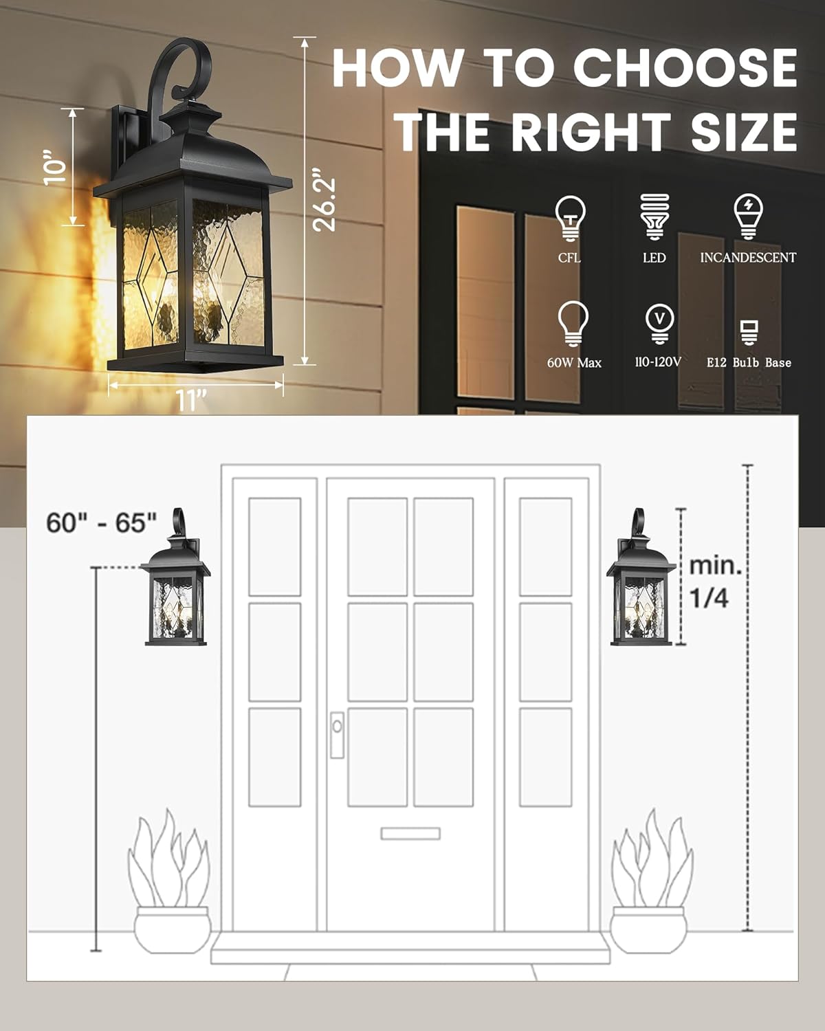 FEMILA 3-Light Outdoor Wall Light, 26" Large Exterior Wall Lantern with Water Ripple Glass, Porch Light for Entryway, Patio, Garage, and Doorway, E12 Base, 4FD54B-L SD BK