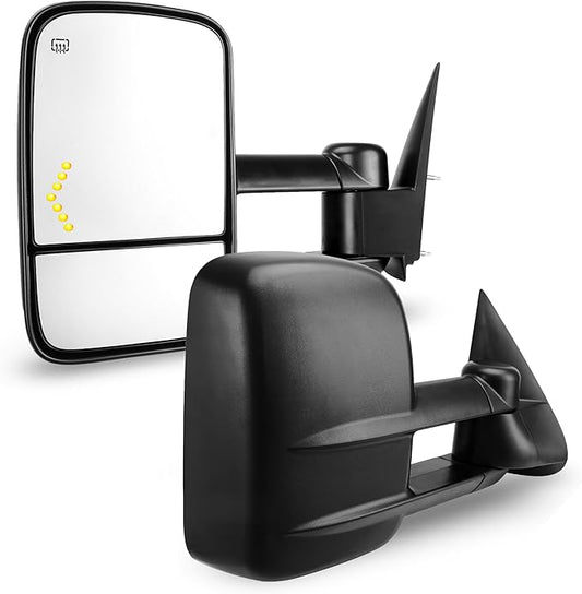 DWVO Power Heated Towing Mirrors for 2003–2007 Chevy Silverado, GMC Sierra Classic Models, Escalade, Tahoe, Suburban, Avalanche, Yukon XL, Denali with Telescoping Fold, LED Turn Signal, Black