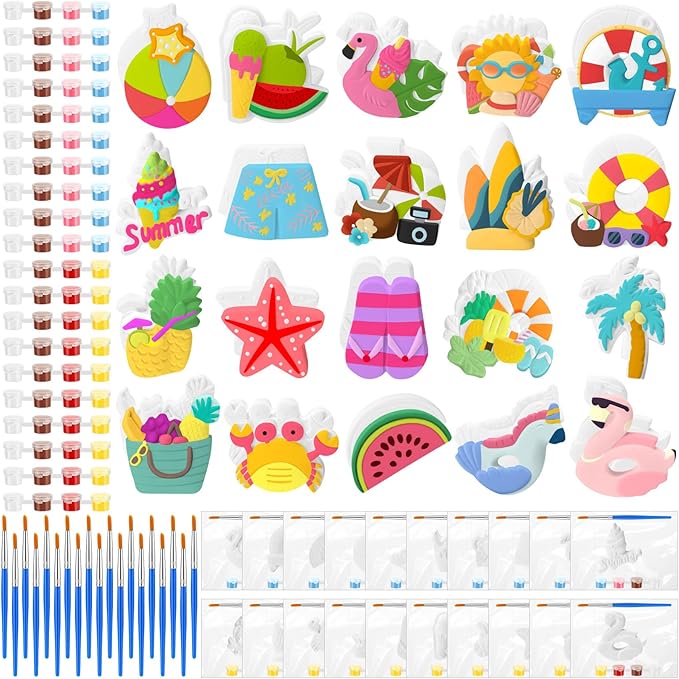 JellyArch 20 Set Summer Beach DIY Painting Ceramic Kit Paint Your Own Beach Ball Flamingo Slipper Statues Unpainted Plaster Figurines Brushes Acrylic Paints Bags Party Favor