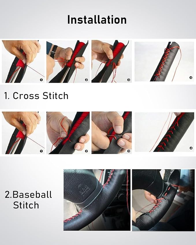 Belinous Leather Steering Wheel Cover Lace Up, Stitch On Wrap, Universal Fit 13-20 inch Car Truck SUV Pickup Boat, A Whole Piece of Cowhide, DIY Stitch w/Needle Thread (Size XL0, Brown)