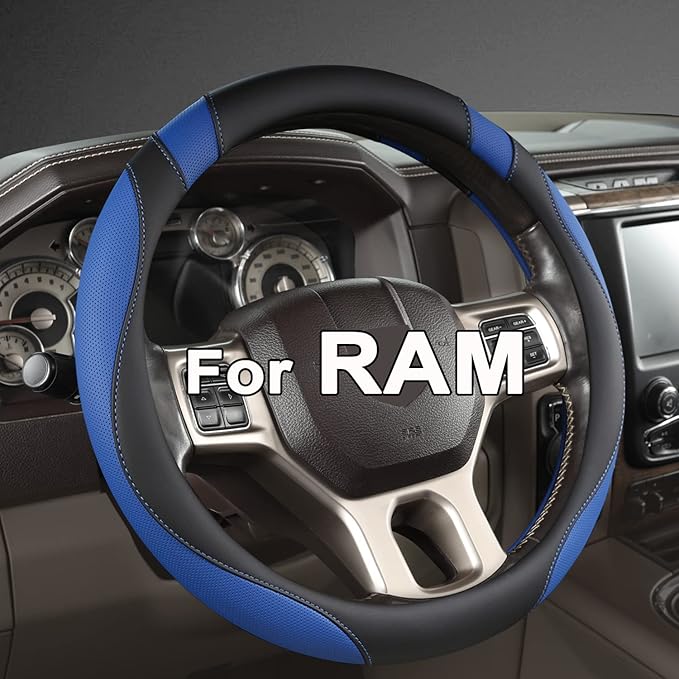 West Llama Customized Auto Car Steering Wheel Cover for Dodge RAM 1500 2500 3500, 15.5-16 inch (Black+Blue-Large Size)