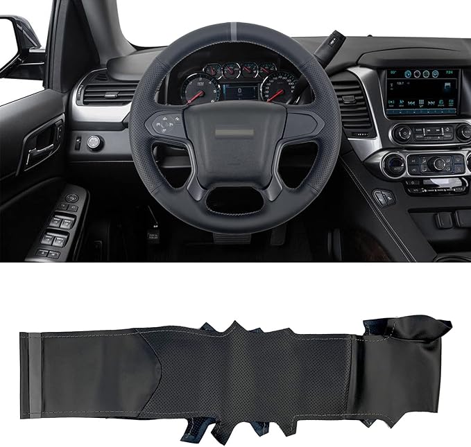 Hand-Sewing Steering Wheel Wrap Cover Black Perforated Leather/Grey Marker Strip Wrap Interior Protection Accessories for Chevrolet Suburban/Chevy Tahoe/GMC Yukon/GMC Sierra 2015 2016 2017 2018