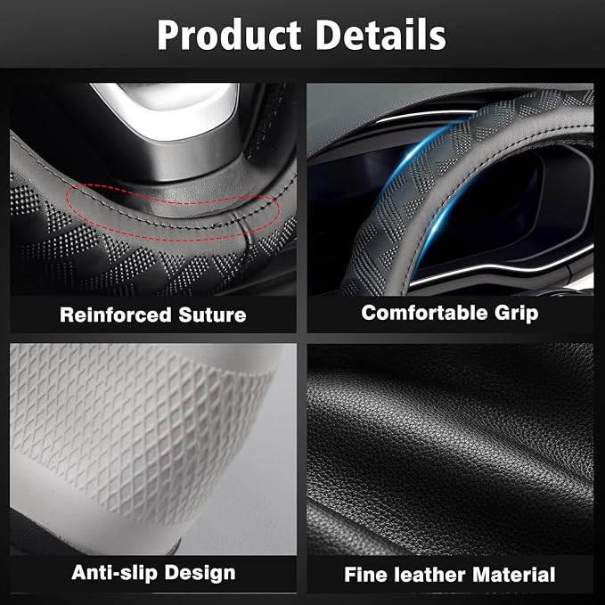 KAFEEK Steering Wheel Cover, Universal 15 inch, Microfiber Leather, Bamboo Weave Style,Breathable Non-Slip,Black