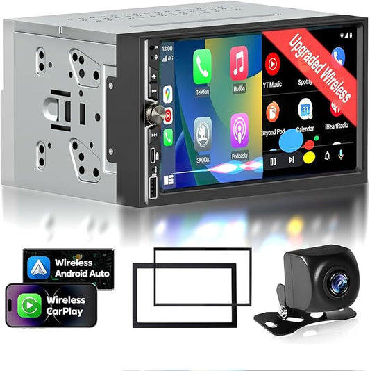 7" Wireless Double Din Car Play Stereo Apple Carplay Screen Radio Audio Receiver Android Auto Bluetooth 4.2 Channel 240W Amplifier Subwoofer MirrorLink Navigation FM/AM SWC Backup Camera Fast Charger
