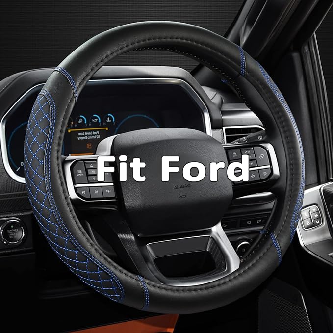 West Llama Car Steering Wheel Cover for Ford Escape,Explorer,Fusion,Focus,Bronco,Transit,Edge(Diamond Quilted - Black+Blue- Standard Size)