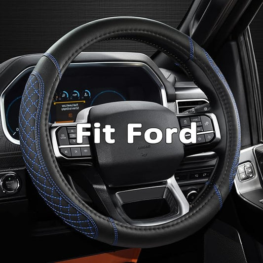 West Llama Customized Auto Car Steering Wheel Cover for Ford F-150, F-250, F-350, Expedition(Diamond Quilted - Black+Blue)