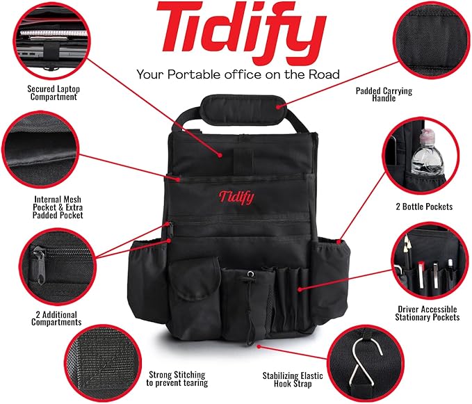 Tidify Back Seat Car Organizer with Dedicated Tablet and Laptop Storage Stabilizing Side Straps Soft Adjustable Shoulder Strap and Hardened Buckles Your Office Away from Office