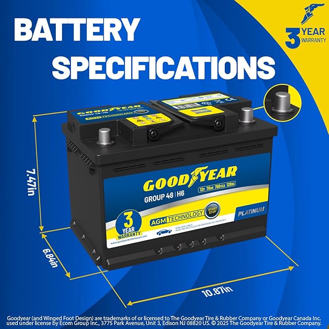 Goodyear 48-H6-AGM BCI Group Size 48 12V 70 AH, 120RC, 760 CCA Platinum series Rechargeable AGM Maintenance Free Automotive Battery