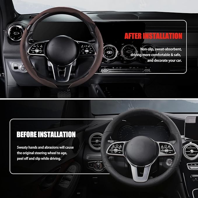 Nappa Leather Car Steering Wheel Cover for Men Women, Ultra-Thin Non-Slip Breathable Microfibre, Universal for 14.5"-15" Steering Wheel - Brown