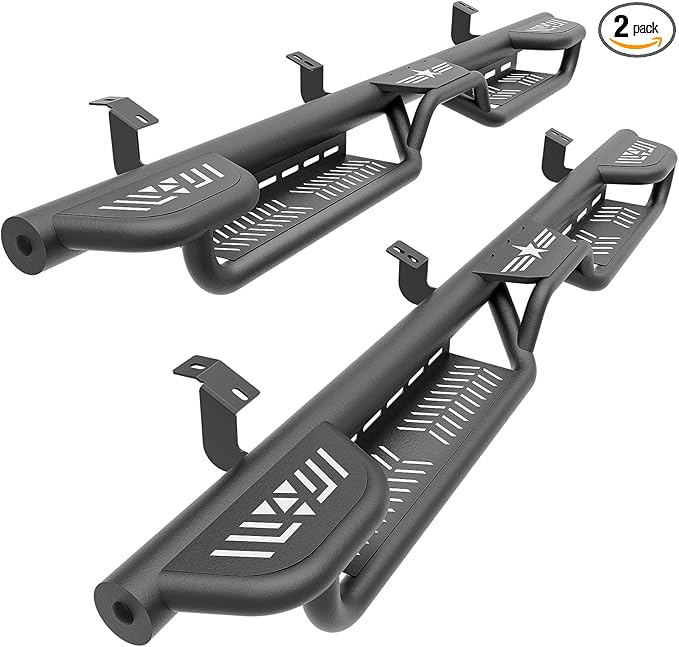 Three Raised Steps Running Boards Compatible with 2007-2021 Toyota Tundra DoubleCab (2 Half-Size Rear Doors) Side Steps Double Cab, Two Stair Design Style Black Truck Side Rails Nerf Bars