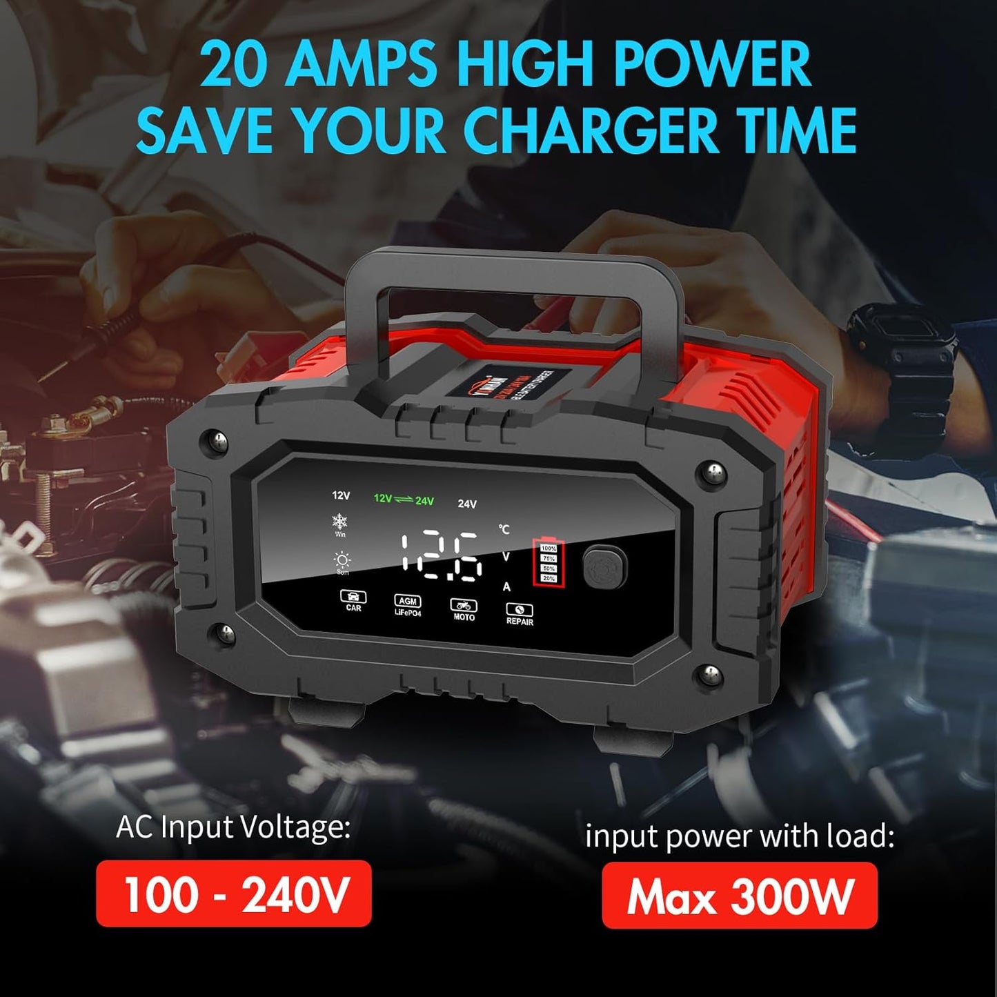 YONHAN Battery Charger 20A 12V/24V LiFePO4 Lead Acid Fully Automatic Battery Maintainer, Car Battery Trickle Charger Automotive w/Repair, Winter Mode, for AGM, STD, Gel, Deep Cycle Batteries