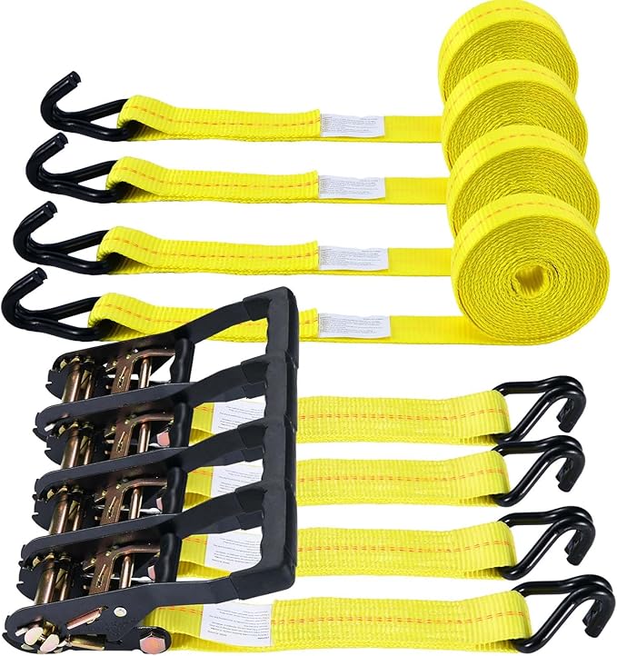 Trekassy Ratchet Straps Heavy Duty (10,000 Lbs Break Strength), Tie Down Ratcheting with J-Hooks, 2" x 15' Cargo Straps for Trucks, Trailers & Moving Appliances - 4 Pack