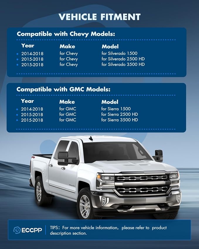 ECCPP Towing Mirrors Tow Mirrors With 2014-2020 For Chevy Silverado For GMC Sierra 1500/2500/3500 HD Power Adjusted Heated Led Turn Signal Running Light Black Pickup Truck