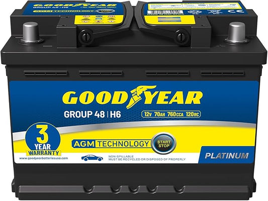 Goodyear 48-H6-AGM BCI Group Size 48 12V 70 AH, 120RC, 760 CCA Platinum series Rechargeable AGM Maintenance Free Automotive Battery