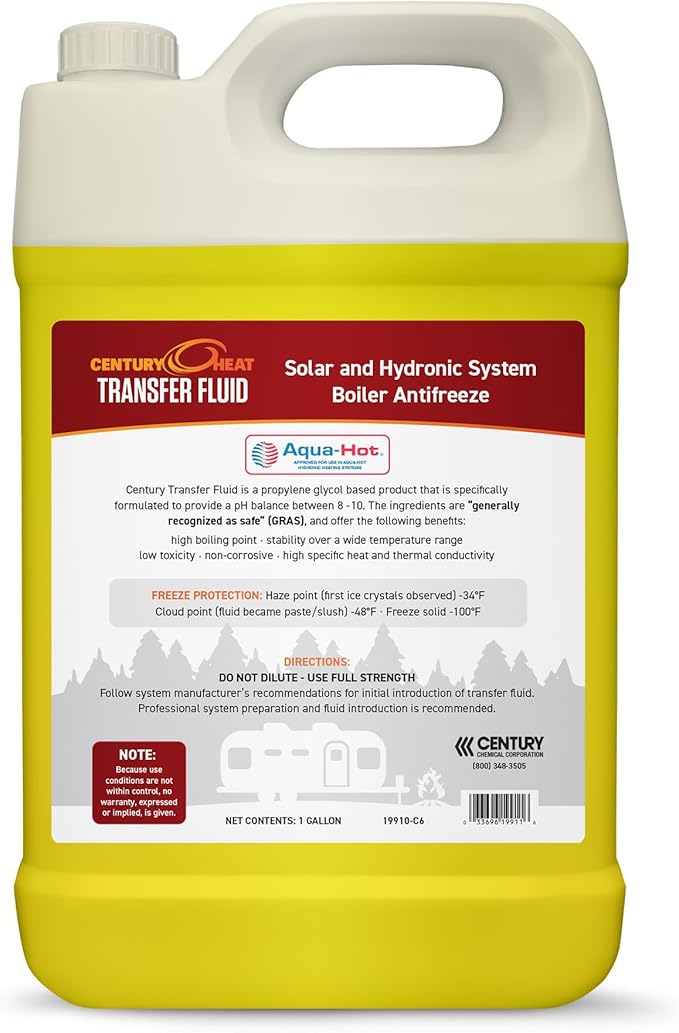 Century Heat Transfer Fluid, Non-Corrosive, Non-Toxic Propylene Glycol RV Antifreeze for Heating Systems | Ready to Use | Recomended by Aqua-Hot, Oasis & Timberline. - Yellow (1 Gallon)