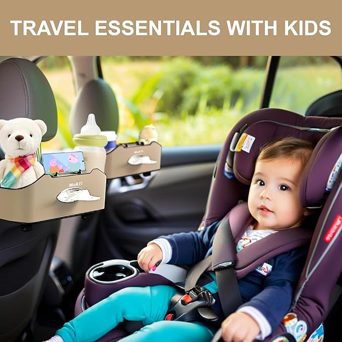 Mu&Ti Back Seat Car Organizer, Multifunctional Car Seat Back Storage Box with 2 Cup Holders, Tissue Box and Hook - Ideal for Kids and Travel(Beige)