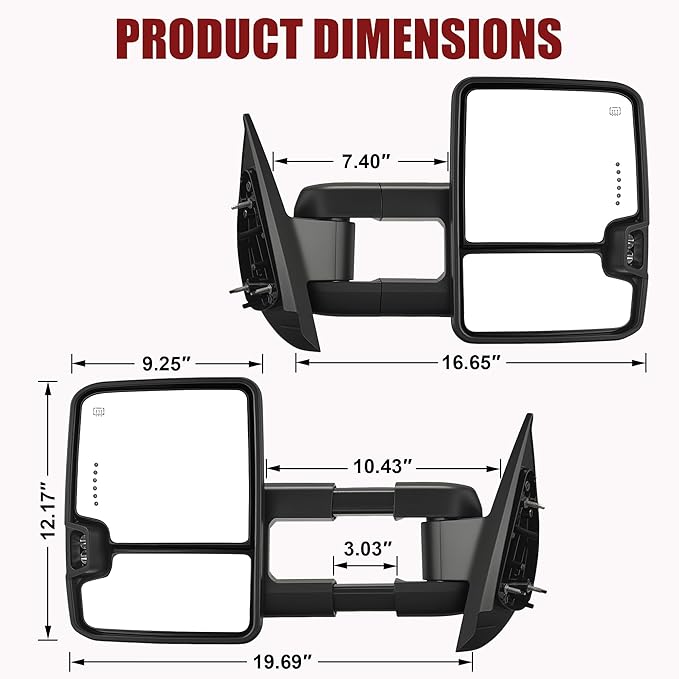 Tow Mirrors Compatible with 2007-2013 Chevy Silverado GMC Sierra, Extended Trailer Towing Side Mirrors with Sequential Switchback Turn Signal, Backup Light, Power Heated Adjustable, Black