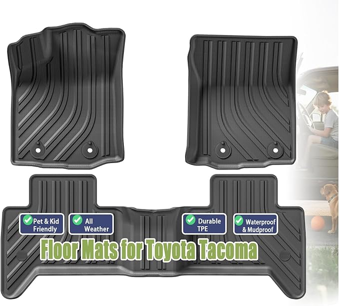 TPE Car Floor Mats for Toyota Tacoma 2016-2023 Double Cab (Only for Automatic), Custom Fit Carpet Floor All Weather Truck Mats - Front and Rear Row, 3PCS