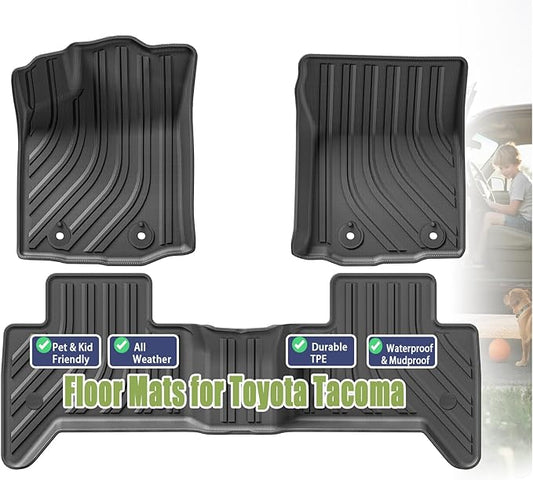 TPE Car Floor Mats for Toyota Tacoma 2016-2023 Double Cab (Only for Automatic), Custom Fit Carpet Floor All Weather Truck Mats - Front and Rear Row, 3PCS