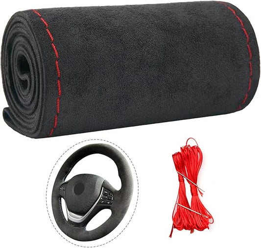 Suede Leather Steering Wheel Cover - DIY Stitch-On Wrap with Needle & Thread (Multiple Thread Colors), Breathable Cowhide, Non-Slip Grip, Fits 16-17 Inch, Comfortable & Durable for Year-Round Use