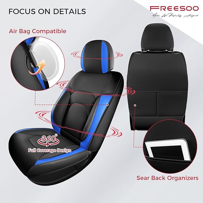 FREESOO Car Seat Covers Front Seats 2PCs,Waterproof Automotive Seat Covers, Leather Cars Interior Covers, Seats Protection Universal fit Babies & Adult (BlackBlue)