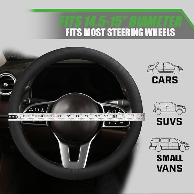 Genuine Leather Steering Wheel Cover for Men Women with Upgraded Silicone Inner Ring, Thin, Non-Slip, Breathable, Odorless, Universal 14.5-15 Inch (Pure Black, Genuine Leather)