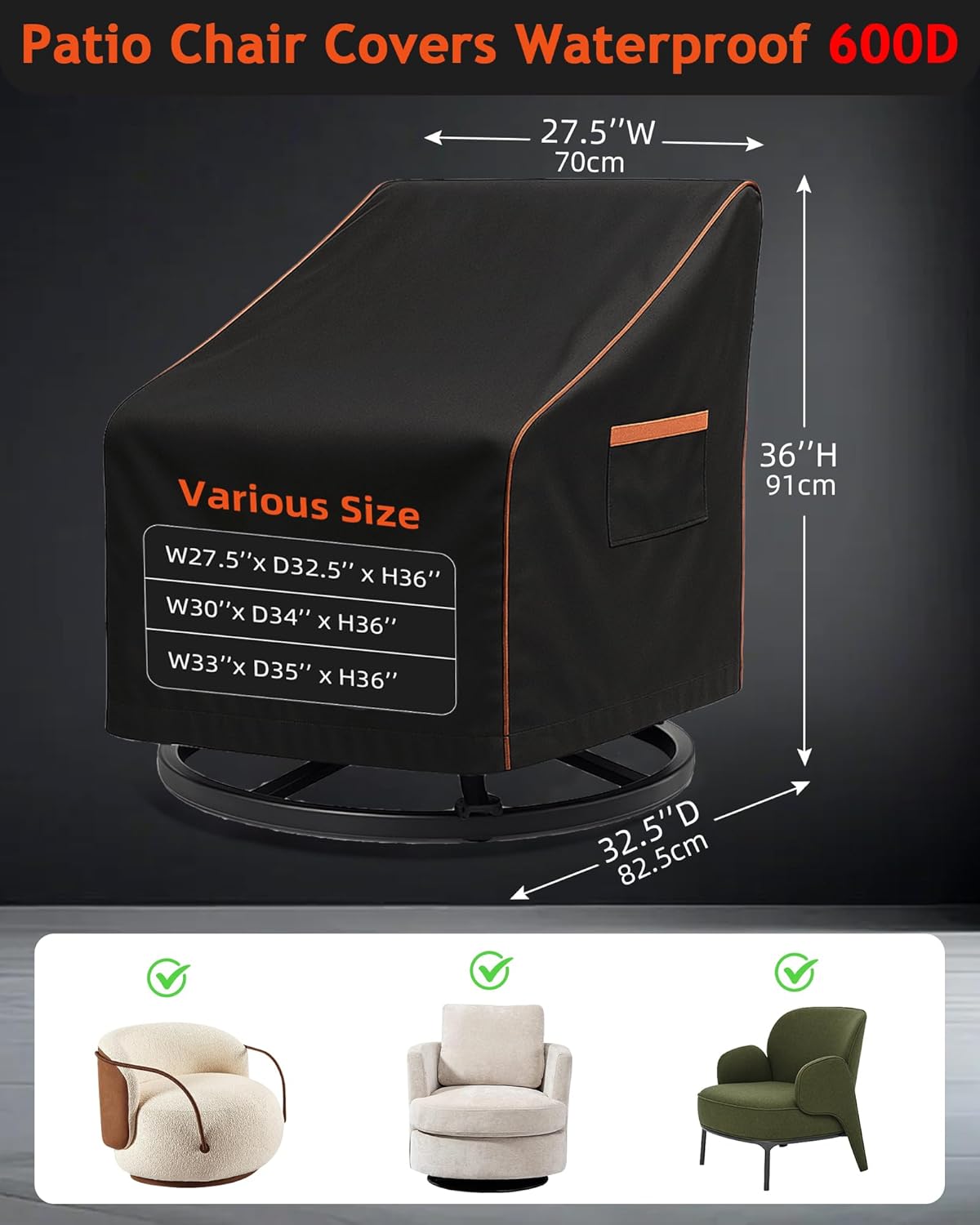 Outdoor Waterproof Patio Chair Covers, Heavy Duty Oxford Coating Weather Resistant Patio Furniture Covers 600D 27.5W x 35.5D x 36H inches 2-Pack, Black