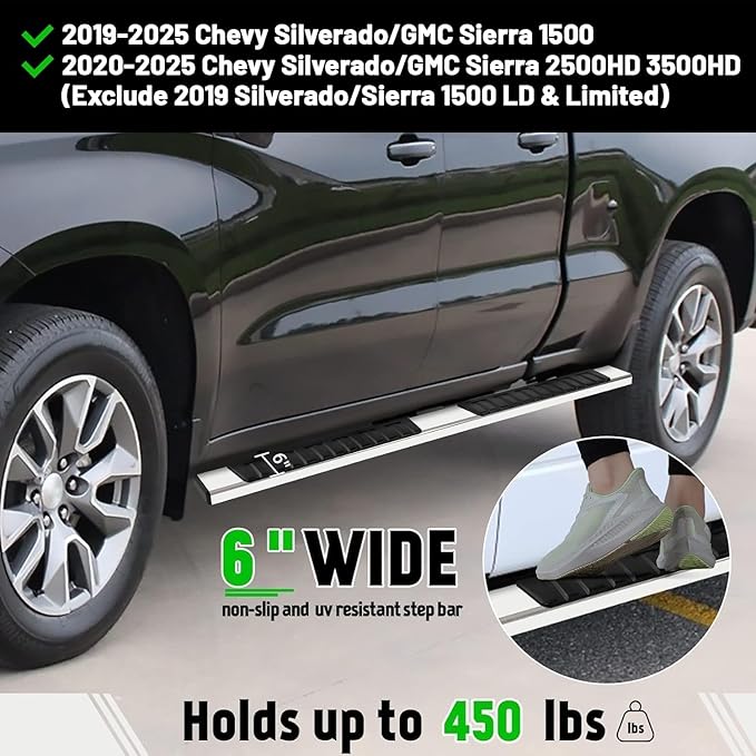PZ 6" Double Cab Running Boards Compatible with 2019-2025 Chevy Silverado/GMC Sierra 1500, 2020-2025 for 2500HD 3500HD Mirror Stainless Steel Side Step Nerf Bar
