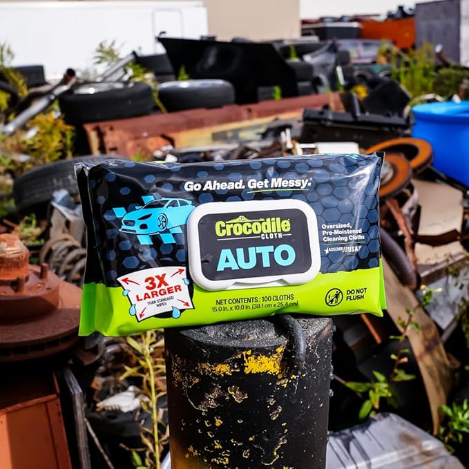 Crocodile Cloth Auto Cleaning Wipes – 100 XL (15" x 10") Disposable Wipes for Car Engine Degreasing, Body Detailing & Tire Cleaning – Cuts Grease, Oil, Adhesives on Hands, Tools, Parts & More