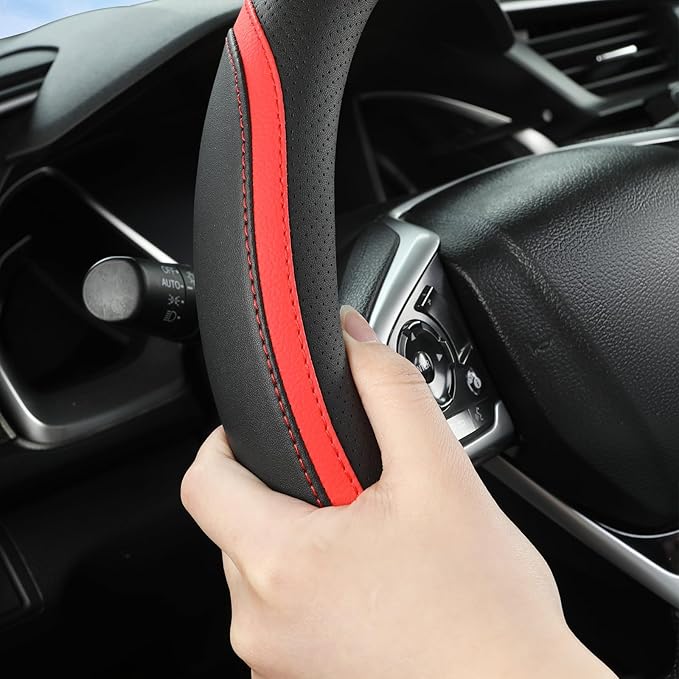 Car Steering Wheel Cover, Leather Steering Wheel Cover Red Universal 14.5-15 Inch Microfiber Leather Anti-Slip Breathable Auto Steering Wheel Covers for Men Women (Black&Red)