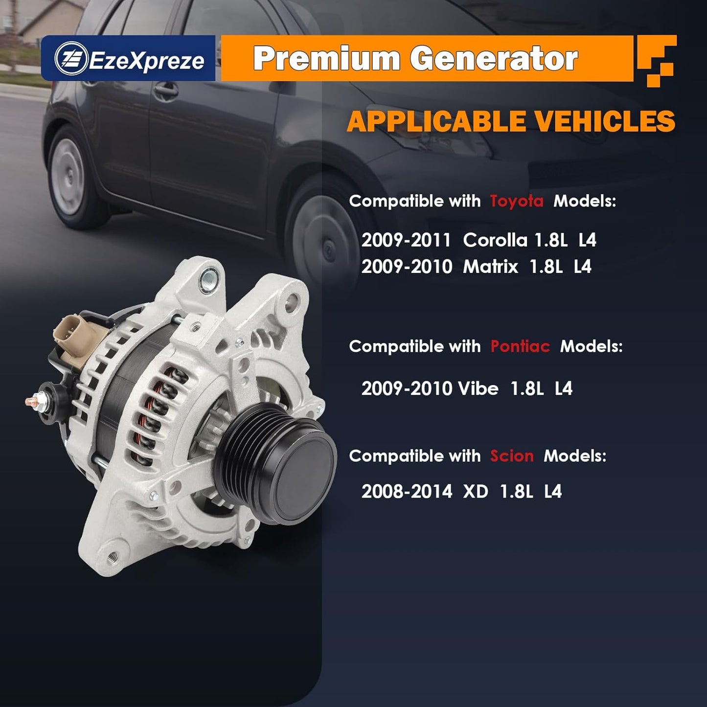 Ezexpreze Alternator 11385N Replacement for 1.8L L4 Toyota Corolla 2009-2011, Matrix 09-10, Pontiac Vibe 09-10, Scion xD 08-14, 6-Groove Clutch Pulley OE#11385, 12897, 270600T040, 0986CR6103, AL3370X