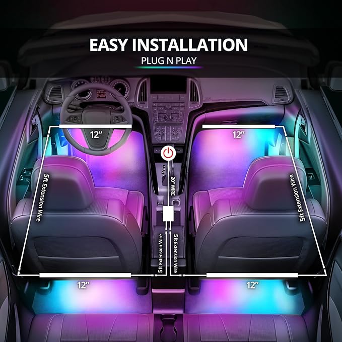 OPT7 Aura DreamColor Interior Light Strips, 4PC Double RGB-IC LED Color Chasing Kit w/APP & Remote Control, Underdash Ambient Lighting Universal for Vehicles Cars Trucks SUVs