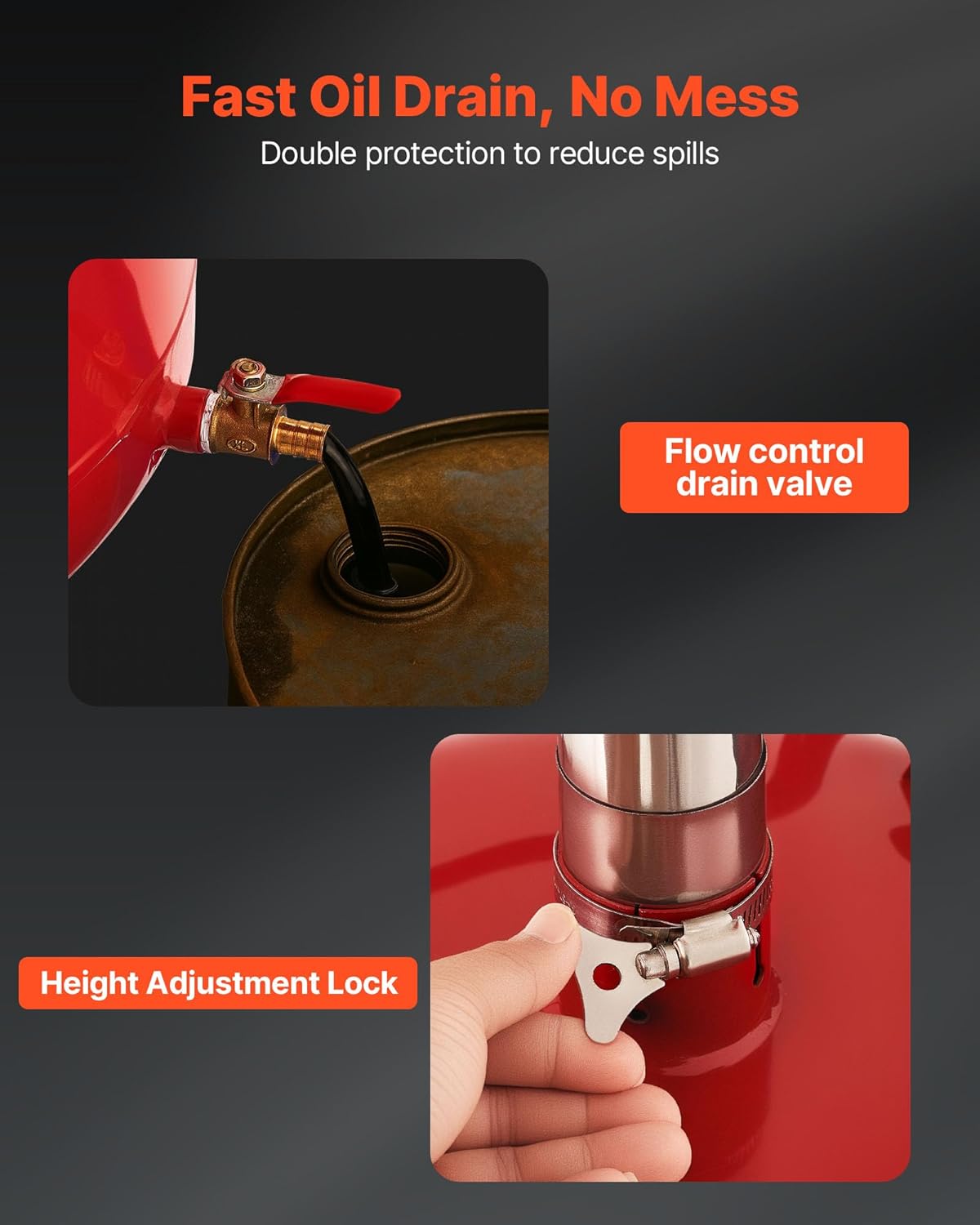 VEVOR 8 Gallon Waste Oil Drain Tank, Industrial Fluid Drain Tank with Adjustable Funnel Height, Portable Oil Drainer with Wheels & Toolbox, Fluid Fuel Transfer Drainage for Auto Repair Shops, Red