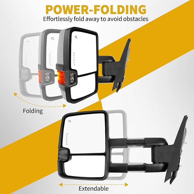 DWVO Power Heated Towing Mirrors for 2003–2007 Chevy Silverado, GMC Sierra, Tahoe, Suburban, Avalanche, Yukon XL, & Denali, Extendable Telescoping LED Turn Signal Pair, Black