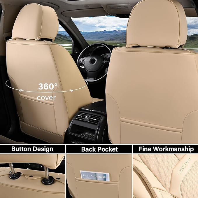 Coverado Seat Covers, Car Seat Covers Front Seats, Premium Nappa Leather Seat Covers for Cars, Waterproof Car Seat Protector with Lumbar Support, Front Seat Covers Universal Fit for Most Cars (Beige)