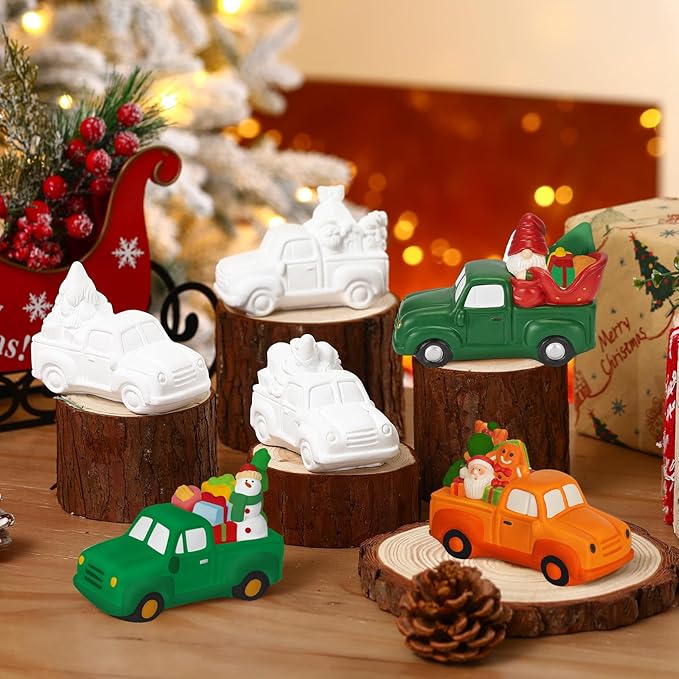 JellyArch 6 Set Christmas DIY Painting Kit Ceramic 3D Ceramic Truck to Paint Your Own Truck with Snowman Reindeer Claus Statues Unpainted Plaster Craft with Brush Paint Bag for Adult