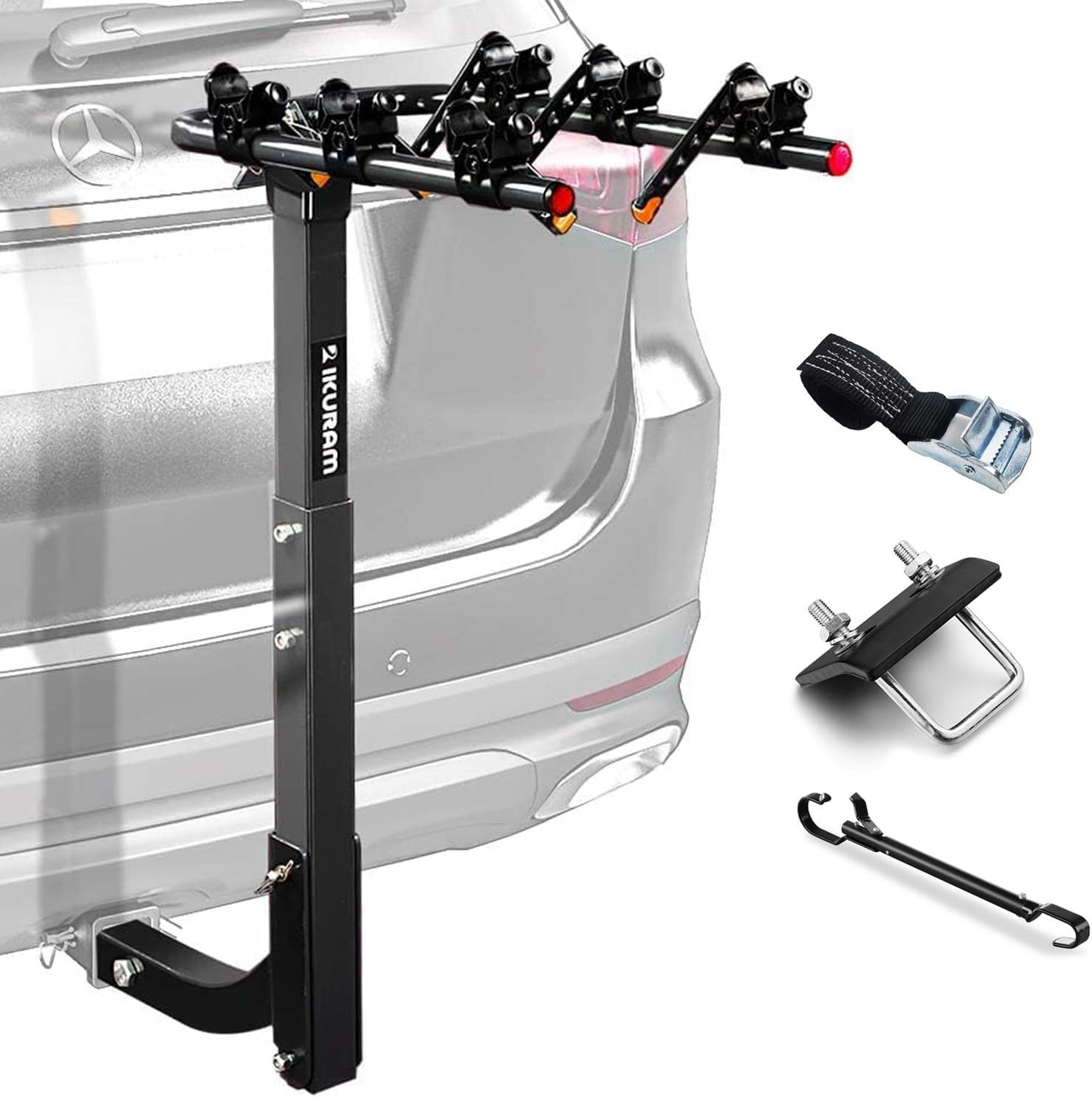 3 Bike Rack Bicycle Carrier Racks Hitch Mount Double Foldable Rack for Cars Truck SUV Fits 2" Receiver, Tie Down Strap, Anti-Rattle Hitch Tightener & Bicycle Cross-bar Adapter for Kid’s Bike