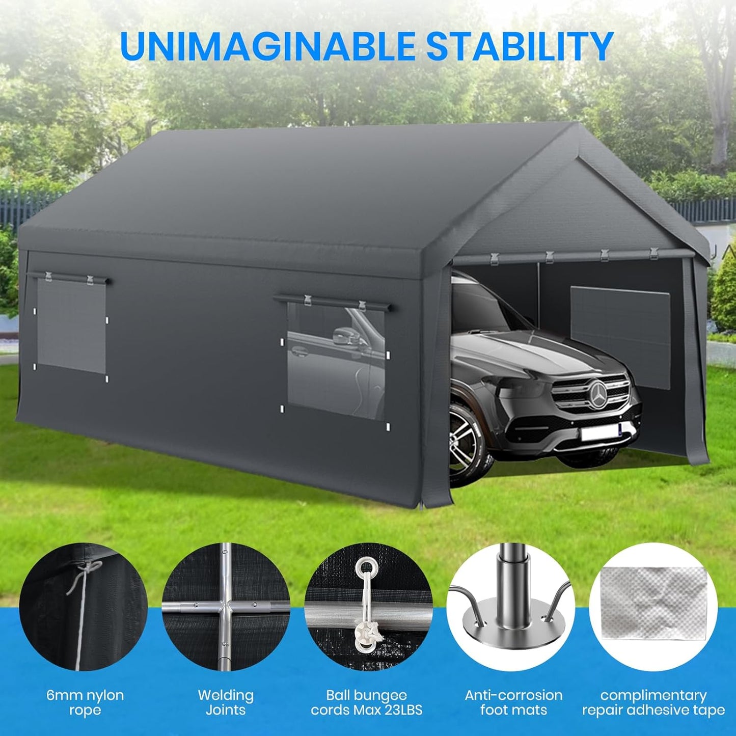 Carport 10x20 FT Heavy Duty,Outdoor Portable Garage with Removable Sidewalls & Doors, Waterproof, UV-Resistant Canopy Shelter for Vehicles, Boats, RVs, Trucks, All-Season Car Port, Gray
